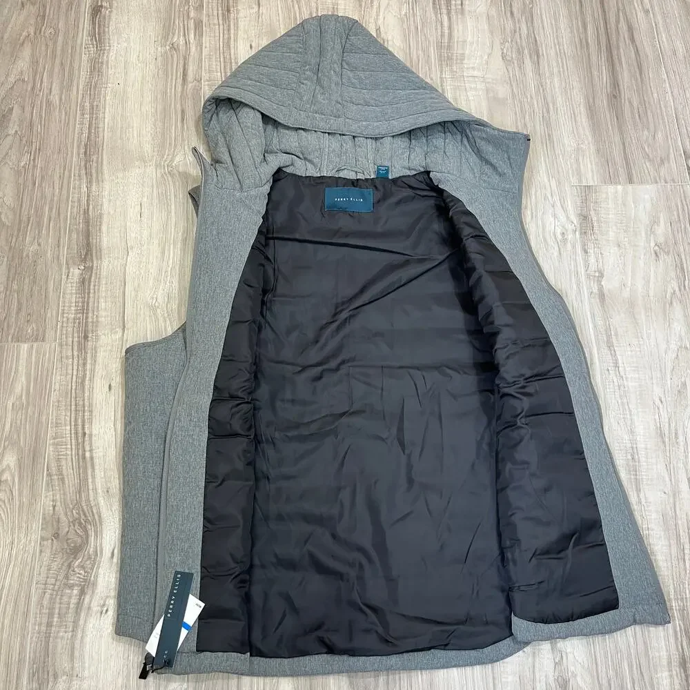 Perry Ellis Men's Hooded Puffer Vest Gray Size XL Sleeveless Quilted Zip Jacket